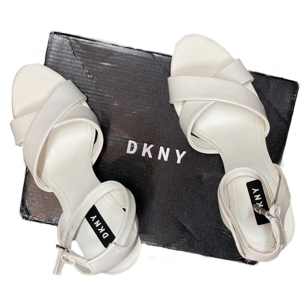 DKNY Ivy White Leather Open Toe Ankle Strap Sandal